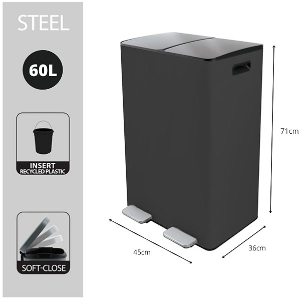 Rubbish Bin Spirella pedal waste bin Aliya, matt grey, steel, 2 × 30 l ...