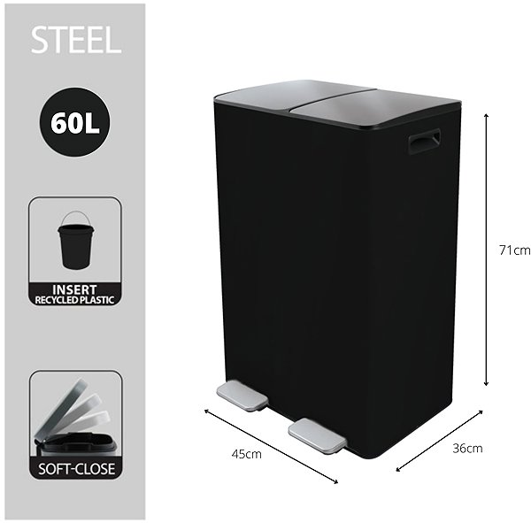 Rubbish Bin Spirella pedal waste bin Aliya, matt black, steel, 2 × 30 l ...