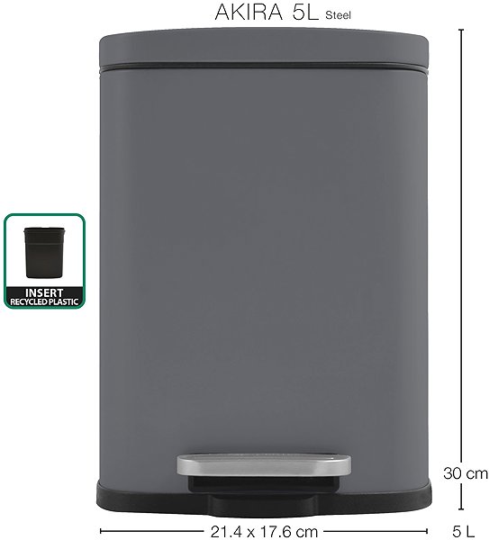 Rubbish Bin Spirella pedal bin Akira, matt grey, steel, 5 l ...