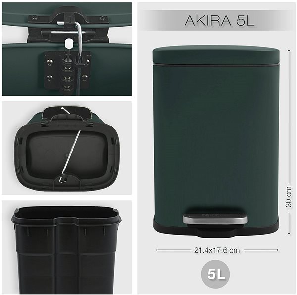 Rubbish Bin Spirella pedal bin Akira, matt dark green, steel, 5 L ...