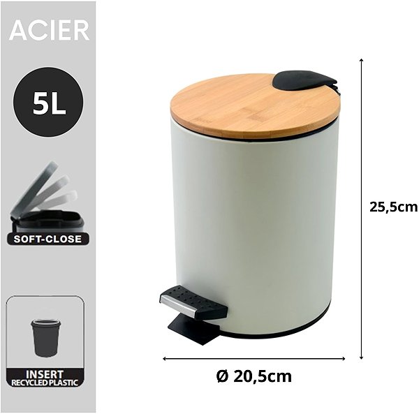 Rubbish Bin Spirella pedal bin Adonis, matt white, steel, bamboo lid, 5 l ...