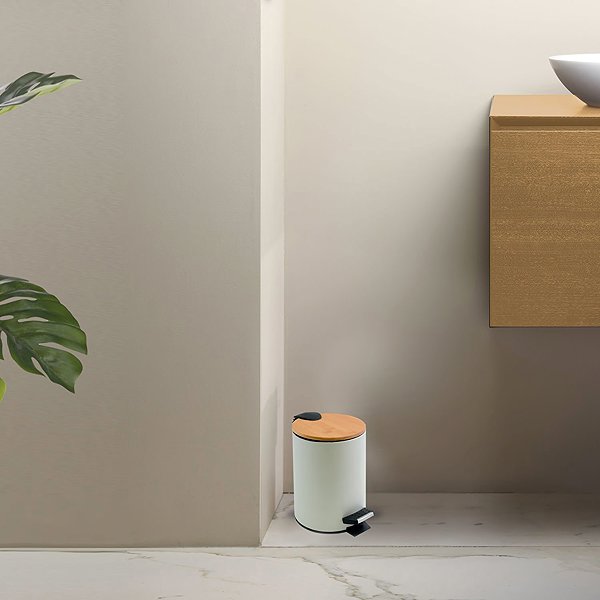 Rubbish Bin Spirella pedal bin Adonis, matt white, steel, bamboo lid, 5 l ...