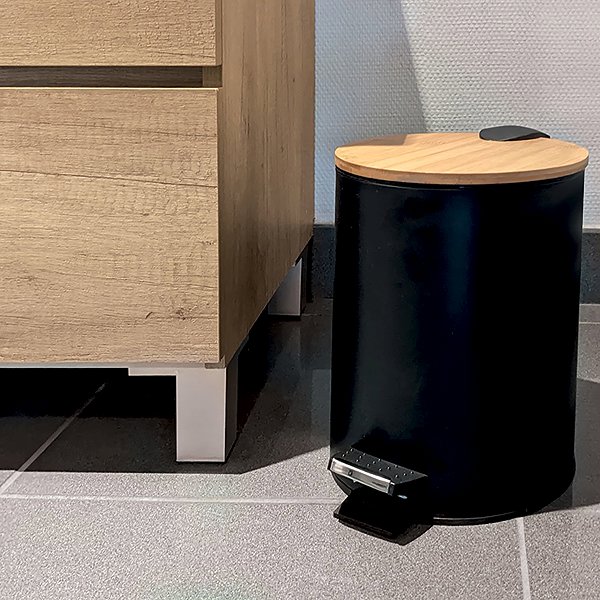 Rubbish Bin Spirella pedal bin Adonis, matt black, steel, bamboo lid, 5 l ...