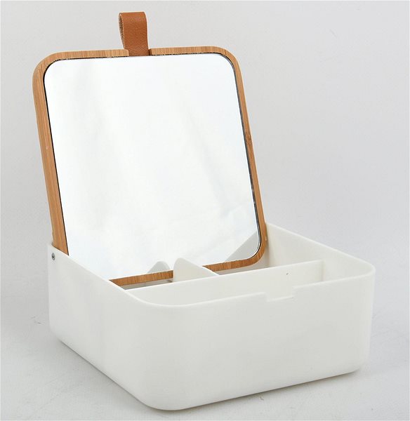 Spirella Alais cosmetic mirror with jewellery box, 15 × 13.8 × 13.8cm, white, plastic, bamboo.