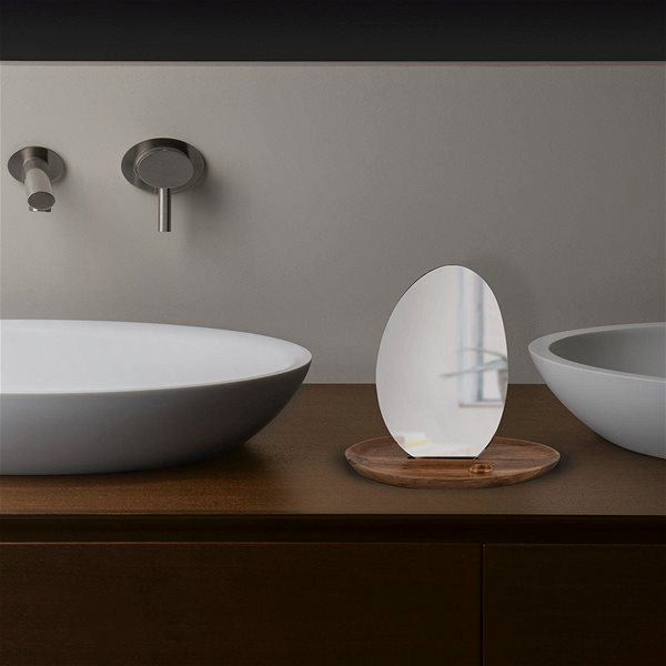 Spirella Alesia oval cosmetic mirror with a wooden oval base.
