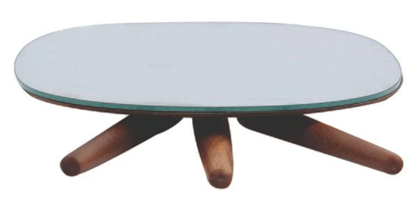 Spirella Alesia oval cosmetic mirror with three acacia wood legs.