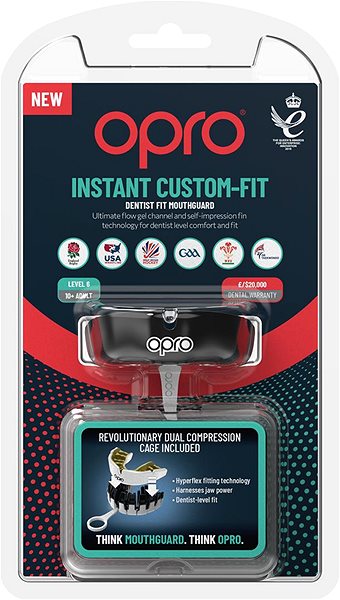 Opro Instant Custom Fit mouthguard, black/white.