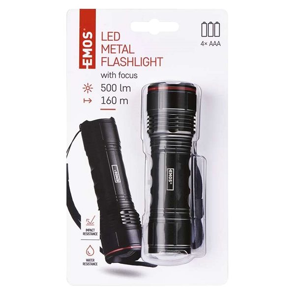 Flashlight EMOS LED Metal Flashlight, 500 lm, 4 × AAA, FOCUS Packaging/box