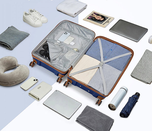 Travel suitcase KONO 2594 Spinner suitcase expandable, 76 cm, blue/brown .