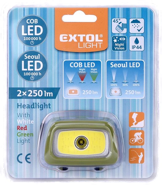 Fejlámpa EXTOL LIGHT Fejlámpa 250lm+250lm, 250lm Seoul LED, 250lm COB LED, piros/zöld fény éjszakai látáshoz Csomagolás/doboz