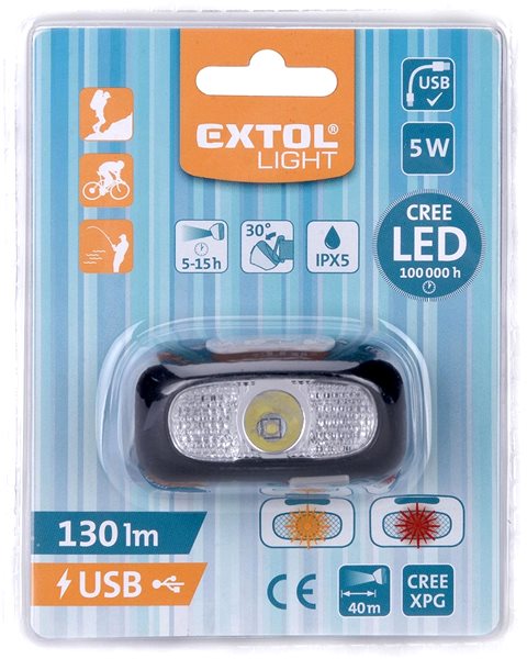 Fejlámpa EXTOL LIGHT fényszóró 130lm CREE XPG, USB töltés, megvilágítás 40 m, 5W CREE XPG LED Csomagolás/doboz