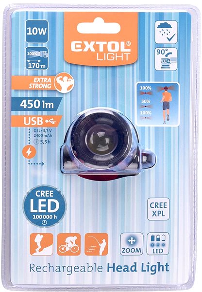 Headlamp EXTOL LIGHT Headlamp 450lm CREE XPL, USB Charging, 10W CREE XPL, ZOOM Function Packaging/box