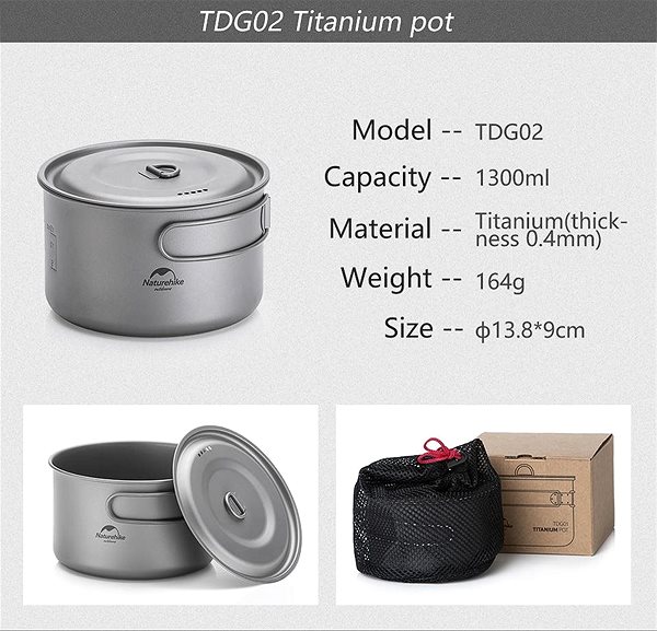 Kempingový riad Naturehike titánový hrniec stredný TDG02 1 300 ml Vlastnosti/technológia