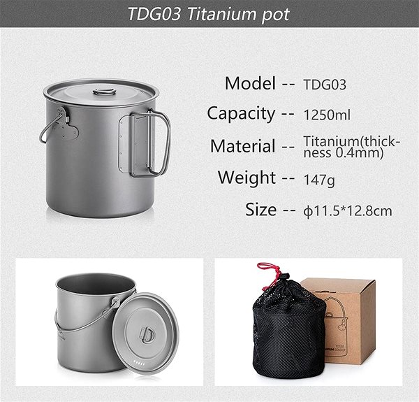 Kempingový riad Naturehike titánový hrniec vysoký TDG03 1 250 ml Vlastnosti/technológia