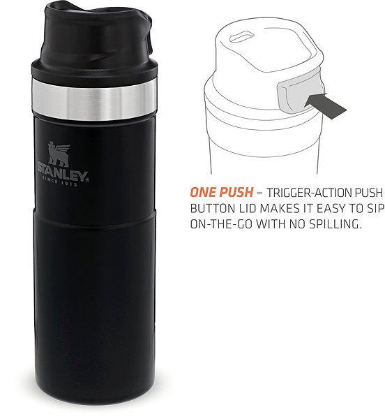 Thermal Mug STANLEY One-handed Thermogate 470ml CLASSIC SERIES 2.0 Black Matt Features/technology