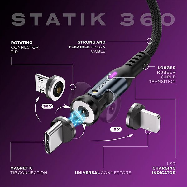 Tápkábel Statik 360 2.0 USB kábel mágneses csatlakozókkal, 0,9 m ...