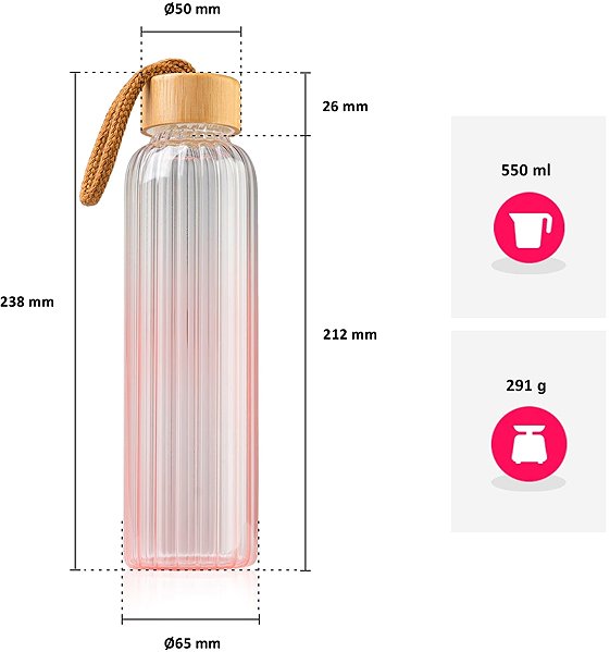 Trinkflasche DuraHome Glasflasche, HydroLine, 550 ml, rosa_4100 ...
