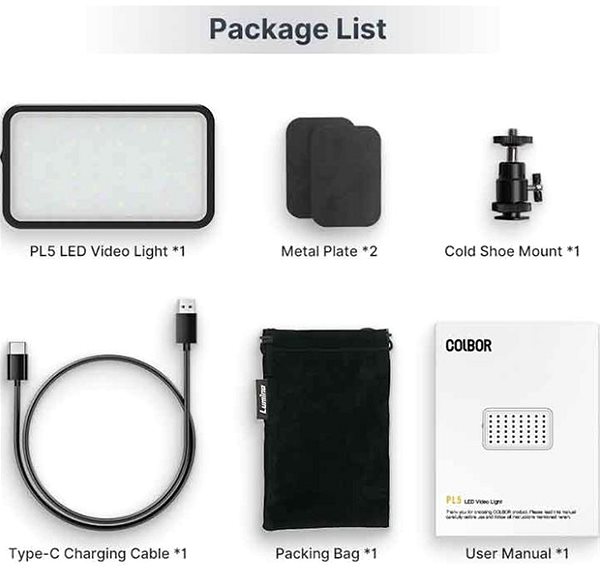 Fotolicht Colbor PL5 Video-LED-Leuchte Packungsinhalt