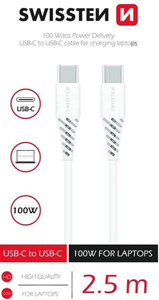 Adatkábel Swissten USB-C to USB-C Power Delivery, 100 W, 2,5m, fehér ...