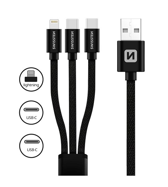 Datenkabel Swissten Textile 3in1 Datenkabel 1,2 m schwarz ...