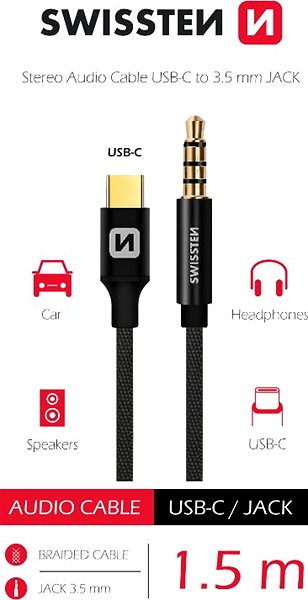 Audio kábel Swissten Textile USB-C (male) / 3,5 mm jack (male), 1,5 m, fekete ...
