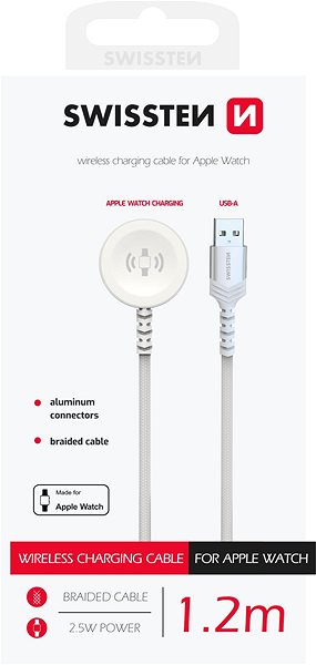 Uhr-Ladegerät Swissten geflochtenes Magnetkabel für Apple Watch Metall, USB-A 1,2 m weiß ...