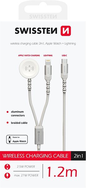 Stromkabel Swissten geflochtenes magnetisches Kabel 2in1 für Apple Watch und Lightning, USB-C 1,2 m weiß ...