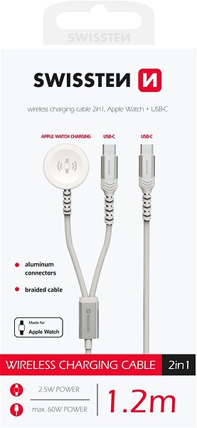 Stromkabel Swissten Flechtmagnetkabel 2in1 für Apple Watch und USB-C, USB-C 1,2 m weiß ...