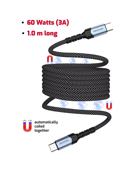 Data Cable Swissten magnetic cable self-retracting USB-C / USB-C 1 m ...