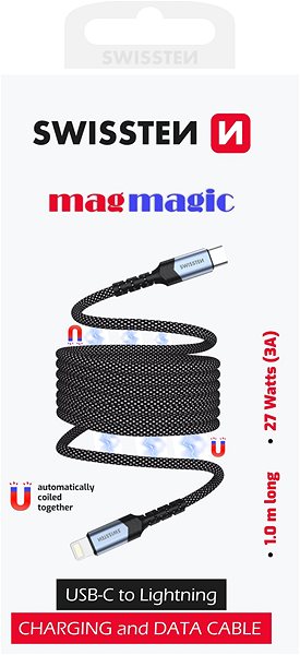 Data Cable Swissten magnetic cable self-retracting USB-C / Lightning 1 m ...