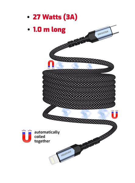 Data Cable Swissten magnetic cable self-retracting USB-C / Lightning 1 m ...