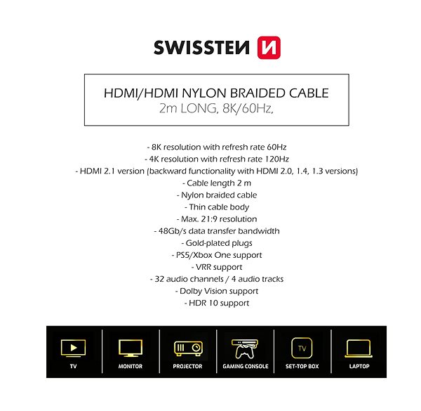 Video Cable Swissten HDMI to HDMI 8K 60Hz 2.0 m ...