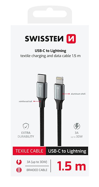Data Cable Swissten Data Cable Textile II USB-C / Lightning 1.5m black ...