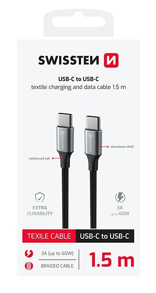 Data Cable Swissten Data Cable Textile II USB-C / USB-C 1.5m black ...