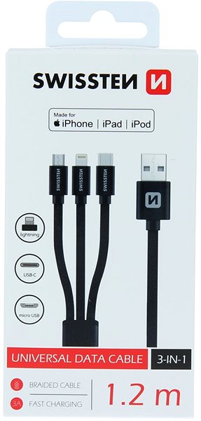 Data Cable Swissten Textile Data Cable 3-in-1 MFi 1.2m Black ...