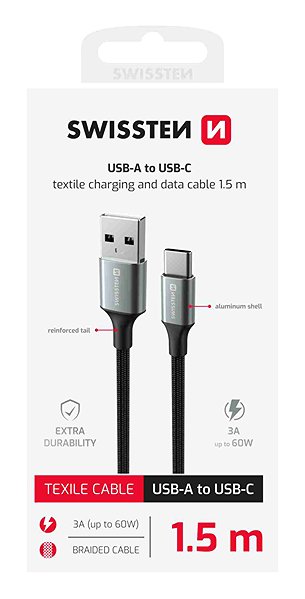 Data Cable Swissten Data Cable Textile II USB/USB-C 1.5m black ...
