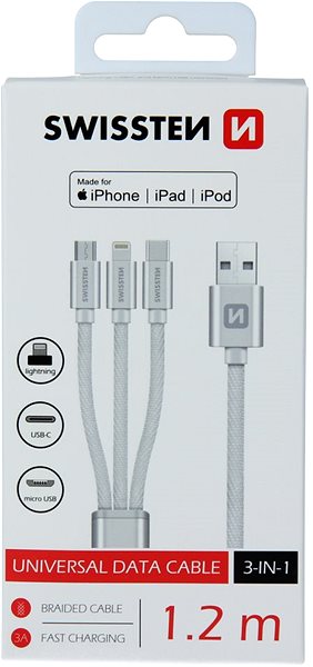 Data Cable Swissten Textile Data Cable 3-in-1 MFi 1.2m White ...