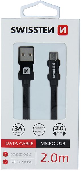 Data Cable Swissten Textile Data Cable Micro USB 2m Black Packaging/box