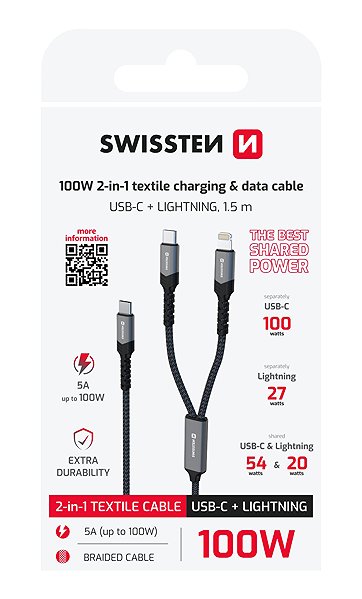 Data Cable Swissten Charging Cable 2in1 USB-C/USB-C + Lightning 100W 1.5m black ...