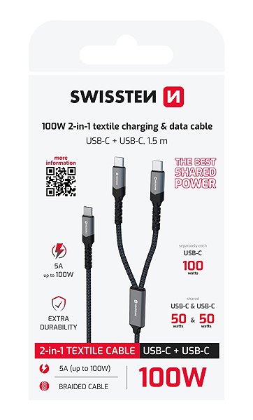 Data Cable Swissten Charging Cable 2in1 100W USB-C/2x USB-C 1.5m Black ...