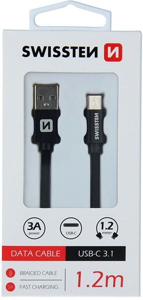 Data Cable Swissten Textile Data Cable USB-C 1.2m Bblack Packaging/box