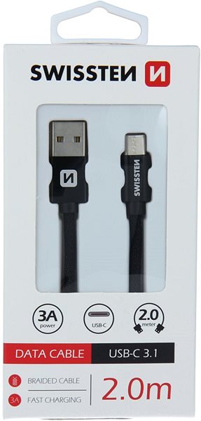 Datový kabel Swissten textilní datový kabel USB-C 2m černý Obal/krabička