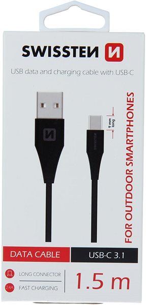Datový kabel Swissten datový kabel USB-C 1.5m prodloužený konektor černý  Obal/krabička