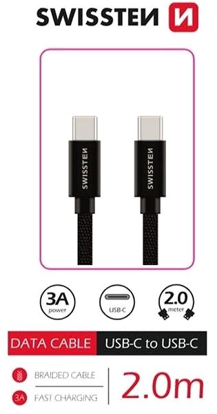 Dátový kábel Swissten textilný dátový kábel USB-C/USB-C 2 m čierny ...