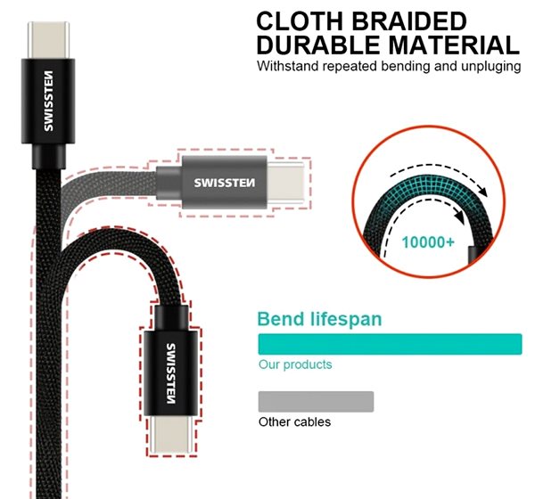 Dátový kábel Swissten textilný dátový kábel USB-C/USB-C 2 m čierny ...