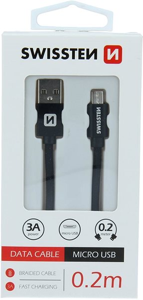 Data Cable Swissten Textile Data Cable Micro USB 0.2m Black Packaging/box