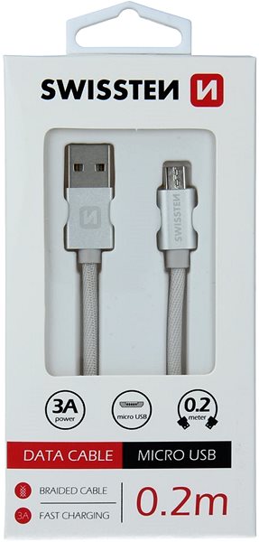 Dátový kábel Swissten textilný dátový kábel micro USB 0,2 m strieborný Obal/škatuľka
