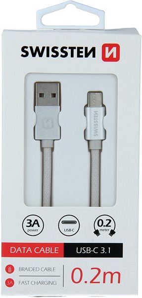 Datenkabel Swissten Textildatenkabel USB-C 0,2 m Silber Verpackung/Box