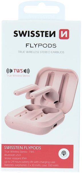 Bezdrôtové slúchadlá Swissten Flypods Bluetooth TWS slúchadlá ružové Obal/škatuľka