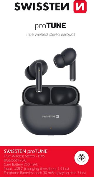 Vezeték nélküli fül-/fejhallgató Swissten Pro Tune TWS Bluetooth fekete ...